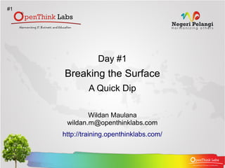 #1




                 Day #1
     Breaking the Surface
             A Quick Dip

             Wildan Maulana
      wildan.m@openthinklabs.com
     http://training.openthinklabs.com/
 