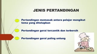 JENIS PERTANDINGAN
Pertandingan memasak antara pelajar mengikut
tema yang ditetapkan
Pertandingan gerai tercantik dan terbersih
Pertandingan gerai paling untung
 