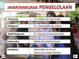 Penaung : En. Hidhir bin Haji Ismail
Pengerusi : En. Hasanuddin bin Zainie
Naib Pengerusi : Pn. Natasya Aiman binti Noh
Setiausaha : Adilah binti Mohd Kamal
Pendahari : Hafizuddin bin Yusuf
: Amira binti Abdul Wahab
 