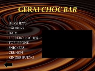HERSHEY’S 
CADBURY 
DAIM 
FERRERO ROCHER 
TOBLERONE 
SNICKERS 
CRUNCH 
KINDER BUENO 
 