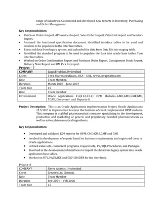 range of industries. Customized and developed new reports in Inventory, Purchasing
and Order Management.
Key Responsibilities:
• Purchase Orders Import, AP Invoices Import, Sales Order Import, Price List import and Vendors
Import.
• Analyzed the functional specification document, identified interface tables to be used and
columns to be populated in the interface tables.
• Extracted data from legacy system. and uploaded the data from Data file into staging table.
• Identified the standard program to be used to populate the data into oracle base tables from
interface tables.
• Worked on Order Confirmation Report and Purchase Order Report, Consignment Stock Report,
Delivery Note Report and OM Pick list report.
Project – 7
COMPANY Liquid Hub Inc. Hyderabad
Client Teva Pharmaceuticals., USA – URL: www.tevapharm.com
Role Team Member.
Duration March 2006 – June 2007
Team Size 10
Role Team member
Environment Oracle Applications 11i(11.5.10.2): OPM Modules–GMD,GME,GMF,GMI,
TOAD, Discoverer and Reports 6i
Project Description: This is an Oracle Applications implementation Project. Oracle Applications
11.5.10.2 is implemented to cover the business of client. Implemented OPM modules.
This company is a global pharmaceutical company specializing in the development,
production and marketing of generic and proprietary branded pharmaceuticals as
well as active pharmaceutical ingredients.
Key Responsibilities:
• Developed and validated RDF reports for OPM: GMD,GME,GMF and GMI
• Involved in development of reports based on business requirements and registered them in
Oracle applications.
• Defined value sets, concurrent programs, request sets, PL/SQL Procedures, and Packages.
• Involved in the development of interfaces to import the data from legacy system into oracle
application base tables.
• Worked on UTL_PACKAGE and SQL*LOADER for the interfaces.
Project -8
COMPANY Sierra Atlantic. Hyderabad
Client Greaves Ltd. Chennai.
Role Team Member
Duration Feb-2004 - Feb 2006
Team Size 15
 