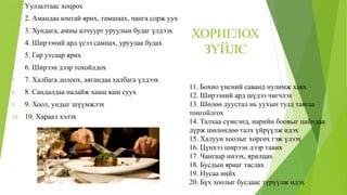 ХОРИГЛОХ
ЗҮЙЛС
1. Уулзалтаас хоцрох
2. 2. Амандаа юмтай ярих, тамшаах, чанга сорж уух
3. 3. Хундага, амны алчуурт уруулын будаг үлдээх
4. 4. Ширээний ард үсээ самнах, уруулаа будах
5. 5. Гар утсаар ярих
6. 6. Ширээн дээр тохойлдох
7. 7. Халбага долоох, аягандаа халбага үлдээх
8. 8. Сандалдаа налайж хааш яаш суух
9. 9. Хоол, ундыг шүүмжлэх
10. 10. Хараал хэлэх
11. Бохио үнсний саванд нулимж хаях
12. Ширээний ард шүдээ чигчлэх
13. Шөлөө дуустал нь уухын тулд тавгаа
тонгойлгох
14. Талхаа сүмсэнд, нарийн боовыг цайндаа
дүрж шөлөндөө талх үйрүүлж идэх
15. Халуун хоолыг хөргөх гэж үлээх
16. Цүнхээ ширээн дээр тавих
17. Чангаар инээх, ярилцах
18. Бусдын яриаг таслах
19. Нусаа нийх
20. Бүх хоолыг бусдаас түрүүлж идэх
 