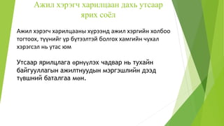 Ажил хэрэгч харилцаан дахь утсаар
ярих соёл
Ажил хэрэгч харилцааны хүрээнд ажил хэргийн холбоо
тогтоох, түүнийг үр бүтээлтэй болгох хамгийн чухал
хэрэгсэл нь утас юм
Утсаар ярилцлага өрнүүлэх чадвар нь тухайн
байгууллагын ажилтнуудын мэргэшлийн дээд
түвшний баталгаа мөн.
 