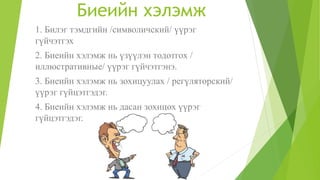 1. Билэг тэмдгийн /символичский/ үүрэг
гүйчэтгэх
2. Биеийн хэлэмж нь үзүүлэн тодотгох /
иллюстративные/ үүрэг гүйчэтгэнэ.
3. Биеийн хэлэмж нь зохицуулах / регүляторский/
үүрэг гүйцэтгэдэг.
4. Биеийн хэлэмж нь дасан зохицох үүрэг
гүйцэтгэдэг.
Биеийн хэлэмж
 