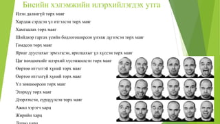 Биеийн хэлэмжийн илэрхийлэгдэх утга
Илэн далангүй төрх маяг
Хардаж сэрдсэн үл итгэлсэн төрх маяг
Хамгаалах төрх маяг
Шийдвэр гаргах үеийн бодлогоширсон үнэлж дүгнэсэн төрх маяг
Гомдсон төрх маяг
Яриаг дуусгахыг эрмэлзсэн, ярилцахыг үл хүссэн төрх маяг
Цаг нөхцөөхийг илэрхий хүсэмжилсэн төрх маяг
Өөртөө итгэлтэй хүний төрх маяг
Өөртөө итгэлгүй хүний төрх маяг
Үл зөвшөөрсөн төрх маяг
Эзэрхүү төрх маяг
Дээрлэхсэн, сүрдүүлсэн төрх маяг
Ажил хэрэгч харц
Жирийн харц
 