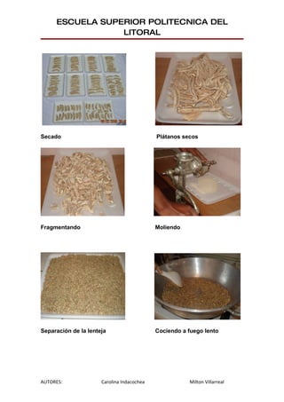 ESCUELA SUPERIOR POLITECNICA DEL
                 LITORAL




Secado                                      Plátanos secos




Fragmentando                                Moliendo




Separación de la lenteja                    Cociendo a fuego lento




AUTORES:              Carolina Indacochea              Milton Villarreal
 