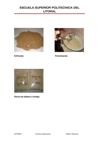 ESCUELA SUPERIOR POLITECNICA DEL
                 LITORAL




Enfriando                                   Pulverizando




Harina de plátano y lenteja




AUTORES:              Carolina Indacochea             Milton Villarreal
 