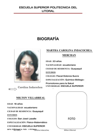 ESCUELA SUPERIOR POLITECNICA DEL
                       LITORAL




                            BIOGRAFÍA

                                     MARTHA CAROLINA INDACOCHEA
                                                     MERCHAN

                                     EDAD: 23 años
                                     NACIONALIDAD: ecuatoriano
                                     CIUDAD DE RESIDENCIA: Guayaquil
                                     ESTUDIOS
                                     COLEGIO: Fiscal Dolores Sucre
                                     ESPECIALIZACIÓN: Químico-Biólogo-
                                     Promotores para la Salud
                                     UNIVERSIDAD: ESCUELA SUPERIOR
           Carolina Indacochea
                                     POLITÉCNICA DEL LITORAL



        MILTON VILLARREAL

EDAD: 18 años
NACIONALIDAD: ecuatoriano
CIUDAD DE RESIDENCIA: Guayaquil
ESTUDIOS
COLEGIO: San José Lasalle                                 FOTO
ESPECIALIZACIÓN: Físico-Matemático
UNIVERSIDAD: ESCUELA SUPERIOR
POLITÉCNICA DEL LITORAL
     AUTORES:        Carolina Indacochea             Milton Villarreal
 