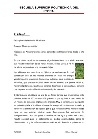 ESCUELA SUPERIOR POLITECNICA DEL
                   LITORAL




PLATANO

Se originan de la familia: Musáceas.

Especie: Musa cavendishii

Proceden de Asia meridional, siendo conocida en el Mediterráneo desde el año
650.

Es una planta herbácea permanente, gigante con rizoma corto y tallo aparente,
que resulta de la unión de las vainas foliares, cónico y de 3.5-7.5 m
de altura, terminado en una corona de hojas.

Los plátanos son muy ricos en hidratos de carbono por lo cual
constituyen una de las mejores maneras de nutrir de energía
vegetal nuestro organismo. Serán muy indicados para la dieta de
los niños, que precisan muchas veces de un alimento que pueda saciar su
hambre rápidamente. Igualmente para los deportistas o para cualquier persona
que requiera un saludable alimento en cualquier momento.

Evidentemente el plátano es una de los frutos tiernos que proporcionan más
calorías, sobre las 100 por cada 100 gramos, lo que equivale al peso medio de
un Plátano de Canarias. El plátano no engorda. Muy al contrario, por su riqueza
en potasio ayuda a equilibrar el agua del cuerpo al contrarrestar el sodio y
favorecer la eliminación de líquidos por lo que resulta una fruta muy adecuada
para los que quieran eliminar peso, favoreciendo los regímenes de
adelgazamiento. Por otra parte la eliminación de agua y sodio del cuerpo
resulta esencial para el tratamiento de ciertas enfermedades, como la
hipertensión , la gota, enfermedades reumáticas, etc. Además el potasio es un



AUTORES:                Carolina Indacochea                Milton Villarreal
 