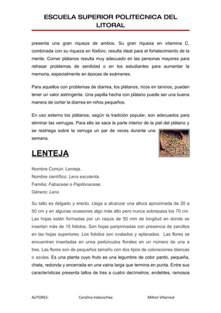 ESCUELA SUPERIOR POLITECNICA DEL
                  LITORAL

presenta una gran riqueza de ambos. Su gran riqueza en vitamina C,
combinada con su riqueza en fósforo, resulta ideal para el fortalecimiento de la
mente. Comer plátanos resulta muy adecuado en las personas mayores para
retrasar problemas de senilidad o en los estudiantes para aumentar la
memoria, especialmente en épocas de exámenes.

Para aquellos con problemas de diarrea, los plátanos, ricos en taninos, pueden
tener un valor astringente. Una papilla hecha con plátano puede ser una buena
manera de cortar la diarrea en niños pequeños.

En uso externo los plátanos, según la tradición popular, son adecuados para
eliminar las verrugas. Para ello se saca la parte interior de la piel del plátano y
se restriega sobre la verruga un par de veces durante una
semana.


LENTEJA
Nombre Común: Lenteja.
Nombre científico: Lens esculenta.
Familia: Fabaceae o Papilonaceae.
Género: Lens

Su tallo es delgado y erecto. Llega a alcanzar una altura aproximada de 20 a
50 cm y en algunas ocasiones algo más alto pero nunca sobrepasa los 70 cm.
Las hojas están formadas por un raquis de 50 mm de longitud en donde se
insertan más de 15 foliolos. Son hojas paripinnadas con presencia de zarcillos
en las hojas superiores. Los foliolos son ovalados y aplanados. Las flores se
encuentran insertadas en unos pedúnculos florales en un número de una a
tres. Las flores son de pequeños tamaño con dos tipos de coloraciones blancas
o azules. Es una planta cuyo fruto es una legumbre de color pardo, pequeña,
chata, redonda y encerrada en una vaina larga que termina en punta. Entre sus
características presenta tallos de tres a cuatro decímetros, endebles, ramosos




AUTORES:                Carolina Indacochea                  Milton Villarreal
 