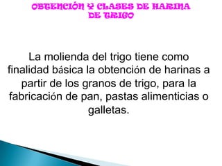 OBTENCIÓN Y CLASES DE HARINA
              DE TRIGO




     La molienda del trigo tiene como
finalidad básica la obtención de harinas a
   partir de los granos de trigo, para la
fabricación de pan, pastas alimenticias o
                  galletas.
 