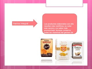 Harina Integral Los productos elaborados con ella
resultan más nutritivos, su color
más oscuro y su sabor más
pronunciado. Aunque conserva
todas las vitaminas del germen de
trigo, no se conserva tan bien en
almacenamiento.
 
