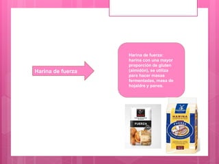 Harina de fuerza
Harina de fuerza:
harina con una mayor
proporción de gluten
(almidón), se utiliza
para hacer masas
fermen...