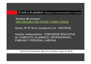 Nombre del proyecto:
UNA ESCUELA DE TODOS Y PARA TODOS

Centro: Nª Sª de la Concepción (LA OROTAVA)

Autores /colaboradores: COMUNIDAD EDUCATIVA
AL COMPLETO: ALUMNADO, PROFESORADO,
FAMILIAS Y PERSONAL LABORAL.



   Centro del Profesorado Valle de La Orotava ( mayo de 2012).
 