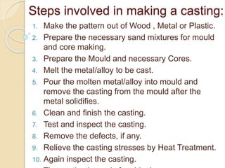 Steps involved in making a casting:
1. Make the pattern out of Wood , Metal or Plastic.
2. Prepare the necessary sand mixtures for mould
and core making.
3. Prepare the Mould and necessary Cores.
4. Melt the metal/alloy to be cast.
5. Pour the molten metal/alloy into mould and
remove the casting from the mould after the
metal solidifies.
6. Clean and finish the casting.
7. Test and inspect the casting.
8. Remove the defects, if any.
9. Relieve the casting stresses by Heat Treatment.
10. Again inspect the casting.
 