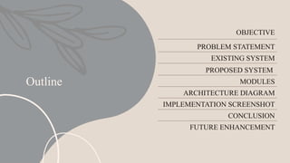 Outline
OBJECTIVE
PROBLEM STATEMENT
EXISTING SYSTEM
PROPOSED SYSTEM
MODULES
ARCHITECTURE DIAGRAM
IMPLEMENTATION SCREENSHOT
CONCLUSION
FUTURE ENHANCEMENT
 