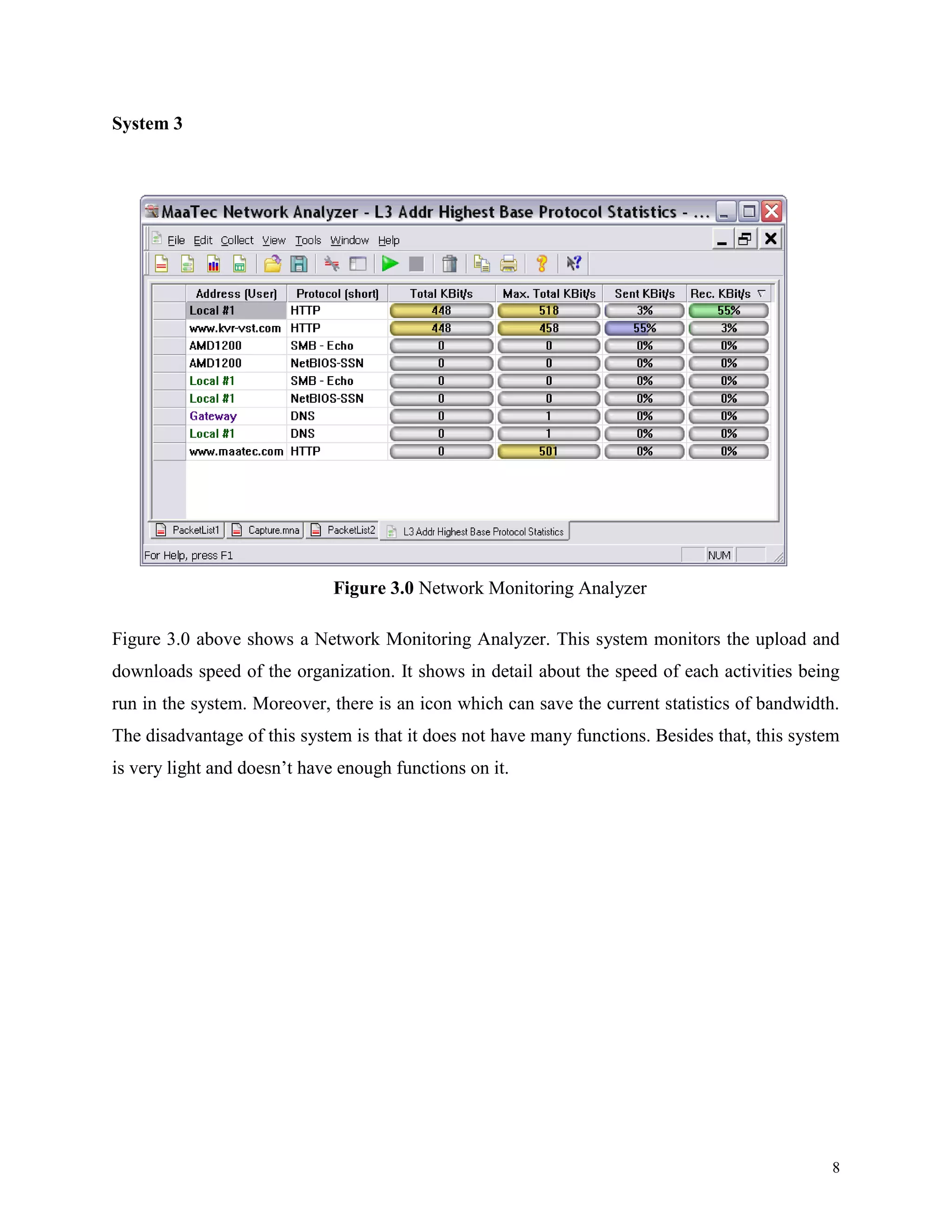 System 3

Figure 3.0 Network Monitoring Analyzer
Figure 3.0 above shows a Network Monitoring Analyzer. This system monitors the upload and
downloads speed of the organization. It shows in detail about the speed of each activities being
run in the system. Moreover, there is an icon which can save the current statistics of bandwidth.
The disadvantage of this system is that it does not have many functions. Besides that, this system
is very light and doesn’t have enough functions on it.

8

 