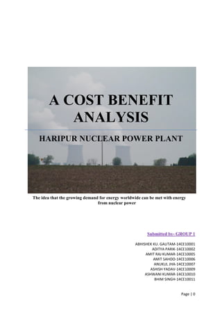 Page | 0
A COST BENEFIT
ANALYSIS
HARIPUR NUCLEAR POWER PLANT
The idea that the growing demand for energy worldwide can be met with energy
from nuclear power
Submitted by- GROUP 1
ABHISHEK KU. GAUTAM-14CE10001
ADITYA PARIK-14CE10002
AMIT RAJ KUMAR-14CE10005
AMIT SAHOO-14CE10006
ANUKUL JHA-14CE10007
ASHISH YADAV-14CE10009
ASHWANI KUMAR-14CE10010
BHIM SINGH-14CE10011
 