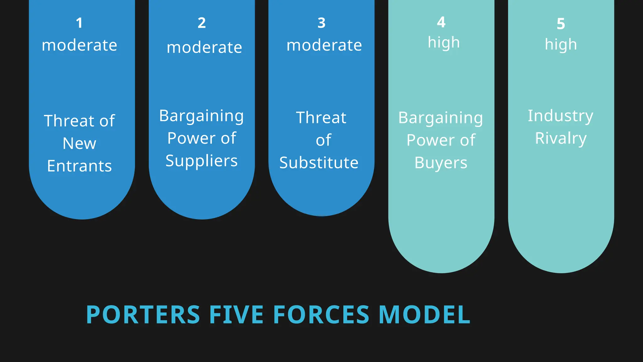 PORTERS FIVE FORCES MODEL
2 5
high
1
moderate
3 4
moderate moderate high
Threat of
New
Entrants
Threat
of
Substitute
Bargaining
Power of
Suppliers
Industry
Rivalry
Bargaining
Power of
Buyers
 