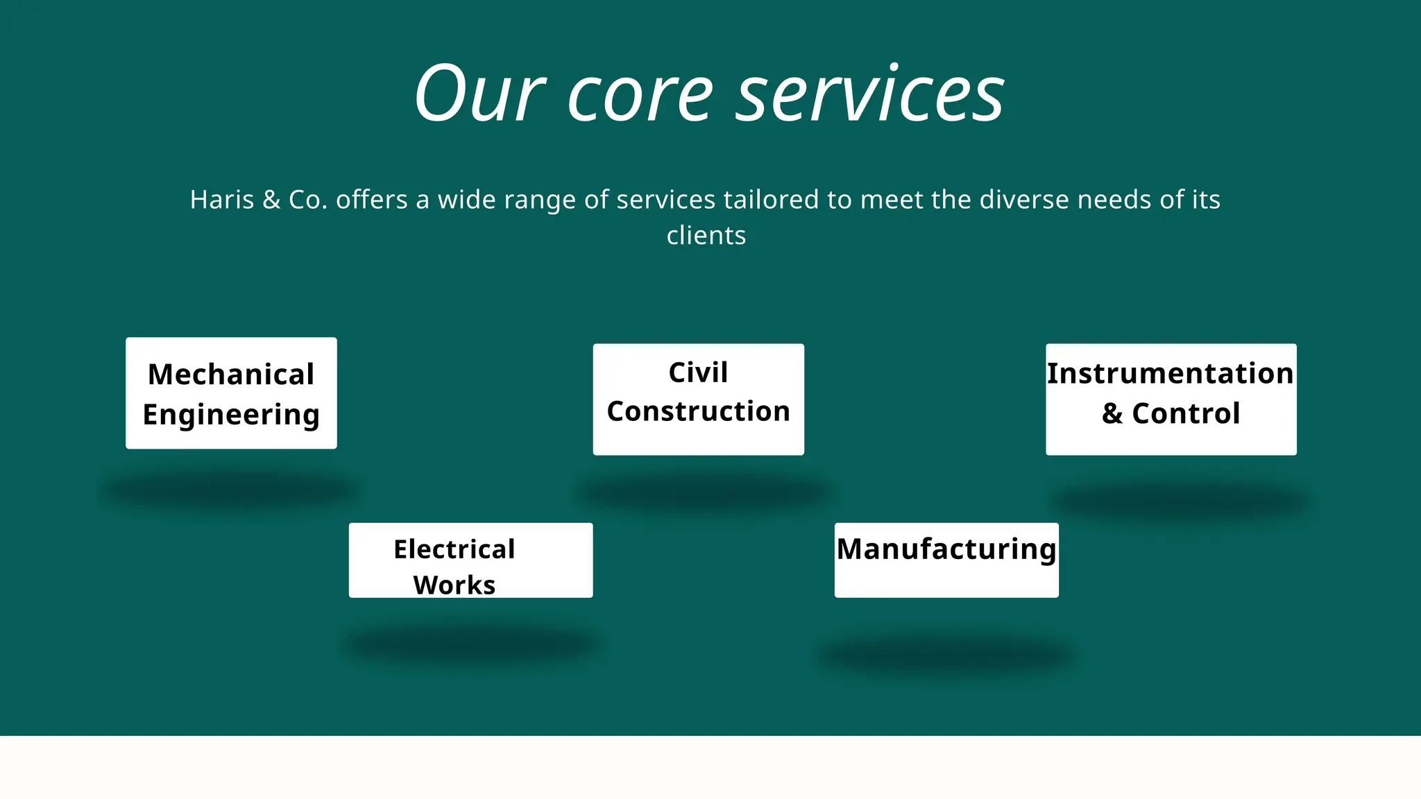 Our core services
Haris & Co. offers a wide range of services tailored to meet the diverse needs of its
clients
Avery Davis
Mechanical
Engineering
Manufacturing
Electrical
Works
Civil
Construction
Instrumentation
& Control
 