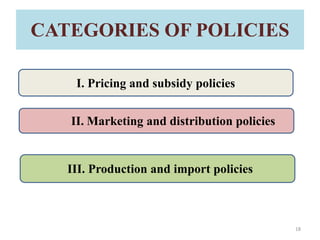 CATEGORIES OF POLICIES
I. Pricing and subsidy policies
II. Marketing and distribution policies
III. Production and import policies
18
 