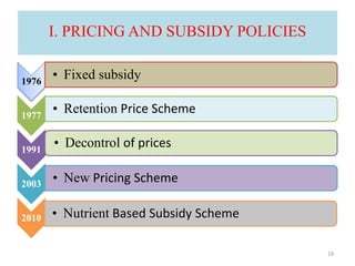 I. PRICING AND SUBSIDY POLICIES
1976
• Fixed subsidy
1977
• Retention Price Scheme
1991
• Decontrol of prices
2003
• New Pricing Scheme
2010 • Nutrient Based Subsidy Scheme
19
 