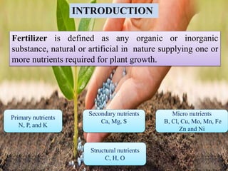 Fertilizer is defined as any organic or inorganic
substance, natural or artificial in nature supplying one or
more nutrients required for plant growth.
Primary nutrients
N, P, and K
Secondary nutrients
Ca, Mg, S
Micro nutrients
B, Cl, Cu, Mo, Mn, Fe
Zn and Ni
INTRODUCTION
Structural nutrients
C, H, O
3
 