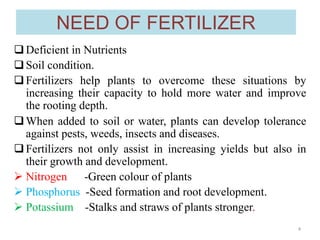 NEED OF FERTILIZER
Deficient in Nutrients
Soil condition.
Fertilizers help plants to overcome these situations by
increasing their capacity to hold more water and improve
the rooting depth.
When added to soil or water, plants can develop tolerance
against pests, weeds, insects and diseases.
Fertilizers not only assist in increasing yields but also in
their growth and development.
 Nitrogen -Green colour of plants
 Phosphorus -Seed formation and root development.
 Potassium -Stalks and straws of plants stronger.
4
 