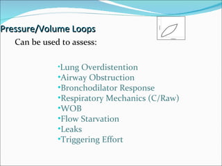 Pressure/Volume Loops Lung Overdistention Airway Obstruction Bronchodilator Response Respiratory Mechanics (C/Raw) WOB Flow Starvation Leaks Triggering Effort Can be used to assess: 