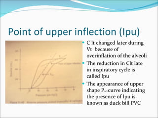Point of upper inflection (Ipu) C lt changed later during Vt  because of overinflation of the alveoli The reduction in Clt late in inspiratory cycle is called Ipu The appearance of upper shape P AO  curve indicating the presence of Ipu is known as duck bill PVC 