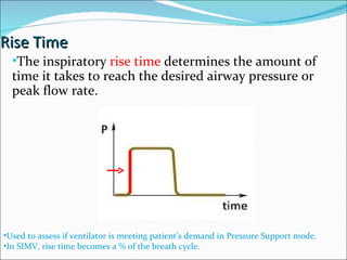 Rise Time The inspiratory  rise time  determines the amount of time it takes to reach the desired airway pressure or peak flow rate. Used to assess if ventilator is meeting patient’s demand in Pressure Support mode. In SIMV, rise time becomes a % of the breath cycle. 