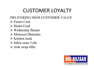 CUSTOMER LOYALTY DELIVERING HIGH CUSTOMER VALUE Future Card Shakti Card Wednesday Bazaar Monsoon Dhamaka Kitchen mela Sabse saste 3 din Junk swap offer 