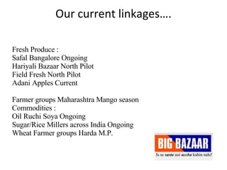 Our current linkages…. Fresh Produce : Safal Bangalore Ongoing Hariyali Bazaar North Pilot Field Fresh North Pilot Adani Apples Current Farmer groups Maharashtra Mango season Commodities : Oil Ruchi Soya Ongoing Sugar/Rice Millers across India Ongoing Wheat Farmer groups Harda M.P. 