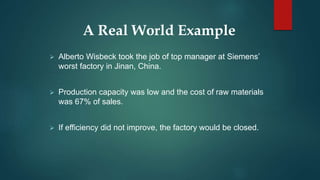 A Real World Example
 Alberto Wisbeck took the job of top manager at Siemens’
worst factory in Jinan, China.
 Production capacity was low and the cost of raw materials
was 67% of sales.
 If efficiency did not improve, the factory would be closed.
 