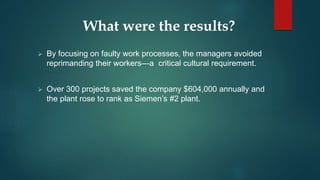 What were the results?
 By focusing on faulty work processes, the managers avoided
reprimanding their workers—a critical cultural requirement.
 Over 300 projects saved the company $604,000 annually and
the plant rose to rank as Siemen’s #2 plant.
 