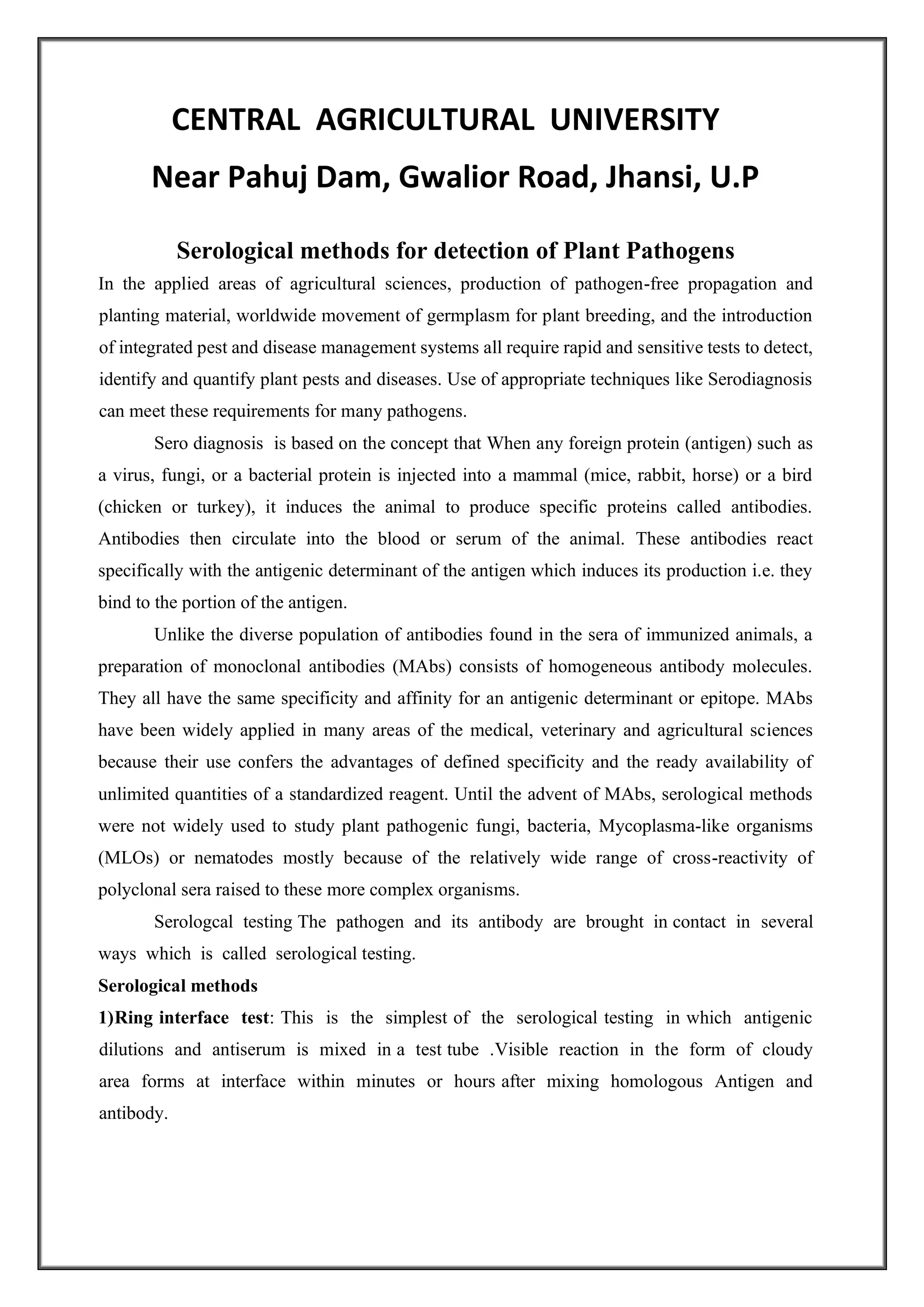 SEROLOGICAL METHODS FOR DETECTION OF PLANT PATHOGENS | PDF
