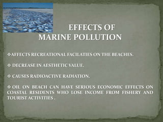 EFFECTS OF
MARINE POLLUTION
AFFECTS RECREATIONAL FACILATIES ON THE BEACHES.
 DECREASE IN AESTHETIC VALUE.
 CAUSES RADIOACTIVE RADIATION.
 OIL ON BEACH CAN HAVE SERIOUS ECONOMIC EFFECTS ON
COASTAL RESIDENTS WHO LOSE INCOME FROM FISHERY AND
TOURIST ACTIVITIES .
 