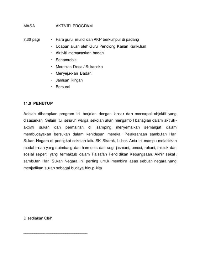 Kertas Kerja Hari Sukan Negara Peringkat SK Skarok Kertas Kerja Hari Sukan Negara Peringkat SK Skarok