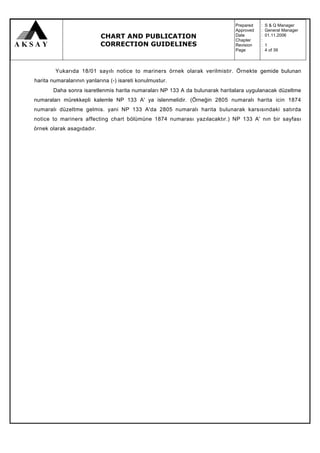 Prepared   :   S & Q Manager
                                                                            Approved   :   General Manager
                           CHART AND PUBLICATION                            Date
                                                                            Chapter
                                                                                       :
                                                                                       :
                                                                                           01.11.2006

                           CORRECTION GUIDELINES                            Revision   :   1
                                                                            Page       :   4 of 39



        Yukarıda 18/01 sayılı notice to mariners örnek olarak verilmistir. Örnekte gemide bulunan
harita numaralarının yanlarına (-) isareti konulmustur.
       Daha sonra isaretlenmis harita numaraları NP 133 A da bulunarak haritalara uygulanacak düzeltme
numaraları mürekkepli kalemle NP 133 A' ya islenmelidir. (Örneğin 2805 numaralı harita icin 1874
numaralı düzeltme gelmis. yani NP 133 A'da 2805 numaralı harita bulunarak karsısındaki satırda
notice to mariners affecting chart bölümüne 1874 numarası yazılacaktır.) NP 133 A' nın bir sayfası
örnek olarak asagıdadır.
 