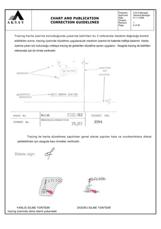 Prepared   :   S & Q Manager
                                                                                            Approved   :   General Manager
                                      CHART AND PUBLICATION                                 Date
                                                                                            Chapter
                                                                                                       :
                                                                                                       :
                                                                                                           01.11.2006

                                      CORRECTION GUIDELINES                                 Revision   :   1
                                                                                            Page       :   9 of 39



     Tracing harita üzerine konulduğunda yukarıda belirtilen bu 3 referansla mevkinin doğruluğu kontrol
     edildikten sonra, tracing üzerinde düzeltme uygulanacak mevkinin üzerine bir kalemle hafifçe bastırılır. Harita
     üzerine çıkan izin bulunduğu noktaya tracing de gösterilen düzeltme aynen uygulanır . Asagıda tracing de belirtilen
     referanslar için bir örnek verilmistir.




                Tracing ile harita düzeltmesi yapılırken genel olarak yapılan hata ve unutkanlıklara dikkat
       çekilebilmesi için asagıda bazı örnekler verilmistir.




        YANLIS SILME YONTEMI                              DOGRU SILME YONTEMİ
tracing üzerinde silme islemi yukarıdaki
 