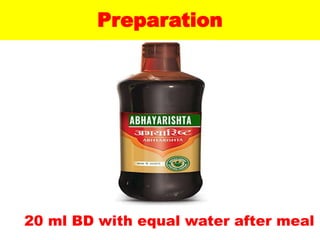 Preparation
20 ml BD with equal water after meal
 