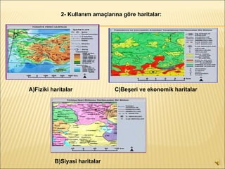 2- Kullanım amaçlarına göre haritalar:   A)Fiziki haritalar   C)Beşeri ve ekonomik haritalar   B)Siyasi haritalar   