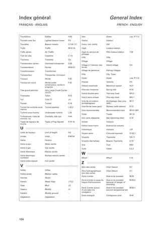 Index général

General Index

FRANÇAIS - ANGLAIS

FRENCH - ENGLISH

Tourbillons

Eddies

H 45

Vert

Green

J ac, P 11.3

Tourelle avec feu

Lighted beacon tower

P3

Viaduc

Viaduct

-

Tourelles

Beacon towers

Q 110-111

Vieux, viel, vieille

Old

-

Trafic

Traffic

M 10-15

Vigie

Lookout station

-

Trafic aérien

Air Traffic

-

Pilot lookout station

T 28

Trait de côte

Coastline

C 1-8

Vigie du service de
pilotage
Villa

Villa

-

Tramway

Tramway

Da

Village

Village

-

Transbordeur aérien

Overhead transporter

D 25

Inland village

D4

Transbordeurs

Ferries

M 50-51

Village à l’intérieur des
terres

Transformateur

Transformer

-

Village de pêcheurs

Fishing Villages

-

Transporteur

Transporter, Conveyor

-

Ville

City, Town

-

Violet

J aa, P 11.5

Travaux

Works

F 32

Violet

Travaux en cours

Works under
construction, works in
progress

F 32

Vitesse

Velocity

Hk

Vitesse maximale

Maximum speed

N 27

Vive-eau moyenne

Spring tide

H 16

Voie à double sens

Two-way track

M 5.2

Voie à sens unique

One-way track

M 5.1

Archipelagic Sea Lane
(ASL)

M 17

Très grand pétrolier

Very Large Crude Carrier (VLCC)

Trompette

Tyfon

R 13

Tuf

Tufa (T)

Jh

Tunnel

Tunnel

D 16

Voie de circulation
archipélagique

Tunnel de conduite sousmarine

Tunnel pipeline

L 42.2

Voie ferrée (avec gare)

Railway (with station)

D 13

Voie recommandée

Recommended track

M 3-4, M 6

Turbine sous-marine

Underwater turbine

L 24

Voies

Tracks

M 1-6

Turbulences, rides de
courant, raz

Overfalls, tide rips

H 44

Voir carte adjacente

See Adjoining chart

A 19

Types de signaux de
brume

Types of Fog Signals

R 10-16

Volcan

Volcano

-

Volcan sous-marin

Submarine volcano

-

U

Volcanique

Volcanic

J 37

Unité de hauteur

Unit of height

Hb

Voyant peint

Coloured topmark

Q 102.1

Unités

Units

B 40-54

Voyants

Topmarks

Q 9-11

Usine

Factory

-

Voyants des balises

Beacon Topmarks

Q 10

Usine à eau

Water works

-

Vrai

True

B 63

Usine à gaz

Gas works

-

Vues

Views

E 3.2

Usine électrique

Electric works

-

Usine électrique
nucléaire

Nuclear electric works

-

Wharf

F 13

Usine sidérurgique

Iron works

-

Zéro des cartes

Chart Datum

H1

Vallée

Valley

-

H1

Median valley

-

Zéro hydrographique,
zéro des cartes

Chart Datum

Vallée axiale
Vannes

Sluice

-

Zone à éviter

Area to be avoided

M 29

Zone à éviter à cause du
risque d’échouement

Area to be avoided,
because of danger of
stranding

M 29.2

Zone à éviter autour
d’une aide à la
navigation

Area to be avoided,
around navigational aid

M 29.1

Zone contiguë

Contiguous zone

N 44

W
Wharf

V

Varech

Weed, Kelp

J 13.2

Vase

Mud

J2

Vaseux

Muddy

Jt

Vasière

Muddy ground

-

Végétation

Vegetation

-

Z

104

 