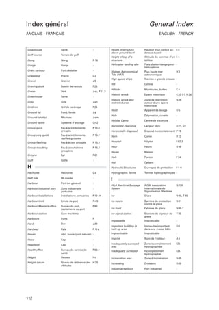 Index général

General Index

ANGLAIS - FRANÇAIS

ENGLISH - FRENCH

Glasshouse

Serre

-

Golf course

Terrain de golf

-

Gong

Gong

Gorge

Height of structure
above ground level

Hauteur d’un édiﬁce audessus du sol

R 16

Height of top of a
structure

Altitude du sommet d’un E 4
édiﬁce

Gorge

-

Helicopter landing site

Piste d’atterrissage pour hélicoptères

Grain harbour

Port céréalier

-

Grassland

Prairie

Cd

Highest Astronomical
Tide (HAT)

Plus haute mer
astronomique

Gravel

Gravier

J6

High-speed ships

Navires à grande vitesse -

Hill

Colline

Hillocks

Monticules, buttes

C4

Historic wreck

Epave historique

K 20-31, N 26

Historic wreck and
restricted area

Zone de restriction
autour d’une épave
historique

N 26

Hoist

Appareil de levage

Ub

Hole

Dépression, cuvette

-

Holiday Camp

Centre de vacances

-

Horizontal clearance

Largeur libre

D 21, D f

Horizontally disposed

Disposé horizontalement P 15

Graving dock

Bassin de radoub

F 25

Green

Vert

J ac, P 11.3

Greenhouse

Serre

-

Grey

Gris

J ah

Gridiron

Gril de carénage

F 24

Ground (s)

Fond, fonds

Ja

E5

H3

-

Ground (shells)

Moulues

J am

Ground tackle

Système d’ancrage

Q 42

Group quick

Feu à scintillements
groupés

P 10.6

Feu à scintillements
rapides groupés

P 10.7

Horn

Corne

R 13

Hôpital

F 62.2

Group very quick
Group-ﬂashing

Feu à éclats groupés

P 10.4

Hospital

Group-occulting

Feu à occultations
groupées

P 10.2

Hour

Heure

B 49

House

Maison

-

Groyne

Epi

F 61

Hulk

Ponton

F 34

Gulf

Golfe

-

Hut

Cabane

-

Hydraulic Structures

Ouvrages de protection

F 1-6

Hachures

Hachures

Cb

Hydrographic Terms

Termes hydrographiques -

Half tide

Mi-marée

-

I

Harbour

Port (en général)

-

Zone industrielle
portuaire

-

IALA Maritime Buoyage
System

AISM Association
Internationale de
Signalisation Maritime

Q 130

Harbour industrial park
Harbour Installations

Installations portuaires

F 10-34

Ice

Glace

N 60, T 30

Harbour limit

Limite de port

N 49

Ice boom

Bureau du port,
capitainerie du port

F 60

Barrière de protection
contre la glace

N 61

Harbour Master’s ofﬁce

Ice front

Falaises de glace

N 60.1

Harbour station

Gare maritime

-

Ice signal station

T 30

Harbours

Ports

F

Stations de signaux de
glace

Impassable

Impraticable

-

Hard

Dur

J 39

Cale

F, U a

Important building in
built-up area

Immeuble important
dans une masse bâtie

D6

Hardway
Haven

Abri, havre (port naturel) -

Impracticable

Impraticable

-

Head

Cap

-

Imprint

Nom de l’éditeur

A4

Headland

Cap

-

Inadequately surveyed
area

Zone incomplètement
hydrographiée

I 25

Health ofﬁce

Bureau du service de
santé

F 62.1

Inadequatly surveyed

Incomplètement
hydrographié

I 25

Height

Hauteur

Hc

Incineration area

Zone d’incinération

N 65

Height datum

Niveau de référence des H 20
altitudes

Increasing

Croissant

B 65

Industrial harbour

Port industriel

-

H

112

 