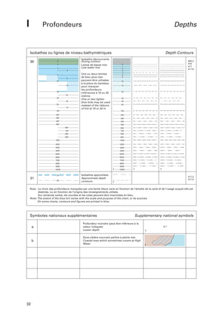 I

Profondeurs

Depths

Isobathes ou lignes de niveau bathymétriques
30

Isobathe découvrante
Drying contour
Laisse de basse mer
Low water line

2
0
2
3
5
8
10
15
20
25
30
40
50
75

Une ou deux teintes
de bleu plus clair
peuvent être utilisées
à la place du bandeau
pour marquer
les profondeurs
inférieures à 10 ou 20
mètres
One or two lighter
blue tints may be used
instead of the ribbons
of tint at 10 or 20 m

Depth Contours

10
15
20

30
40
50

100

100

200

200

300

300

400

400

500

500
600

600

700

700

800

800

900

900

1000

1000

2000

2000

3000

3000

4000

4000

5000

5000

6000

6000

7000

7000

8000

8000

9000

9000

10000

10000

20

31

404.2
410
411
411.6

0
1
2
3
4
5
6

50

Isobathes approchées
Approximate depth
contours

411.2
417.5

Nota : Le choix des profondeurs marquées par une teinte bleue varie en fonction de l’échelle de la carte et de l’usage auquel elle est
destinée, ou en fonction de l’origine des renseignements utilisés.
Sur certaines cartes, les courbes et les cotes peuvent être imprimées en bleu.
Note: The extent of the blue tint varies with the scale and purpose of the chart, or its sources.
On some charts, contours and figures are printed in blue.

Symboles nationaux supplémentaires

Supplementary national symbols

a

b

32

Profondeur moindre (peut être inférieure à la
valeur indiquée)
Lesser depth
Zone côtière couvrant parfois à pleine mer
Coastal area which sometimes covers at High
Water

12 ?

 