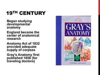 19TH CENTURY
Began studying
developmental
anatomy
England became the
center of anatomical
research
Anatomy Act of 1832
pro...