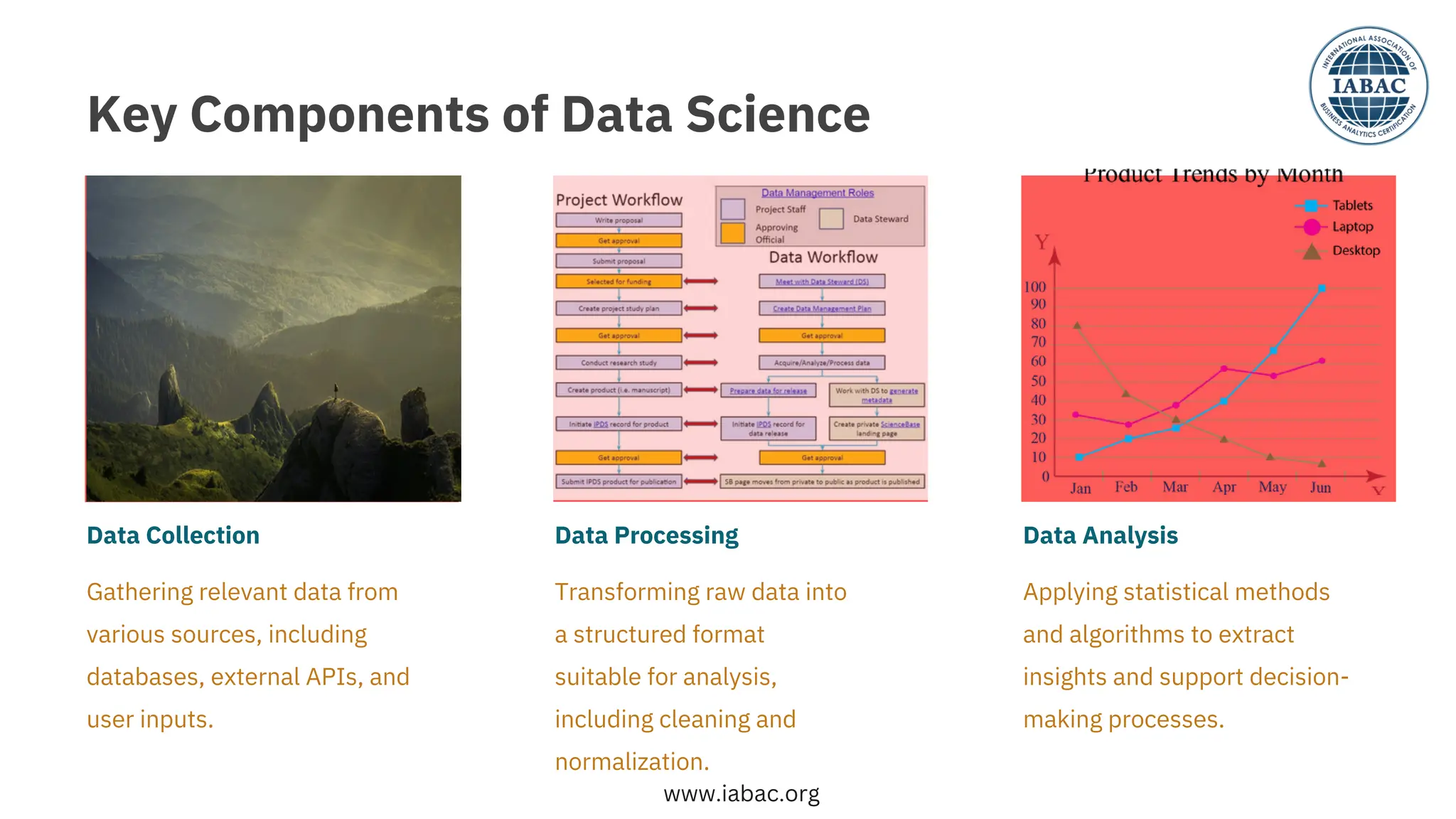Key Components of Data Science
Gathering relevant data from
various sources, including
databases, external APIs, and
user inputs.
Transforming raw data into
a structured format
suitable for analysis,
including cleaning and
normalization.
Applying statistical methods
and algorithms to extract
insights and support decision-
making processes.
Data Collection Data Processing Data Analysis
www.iabac.org
 