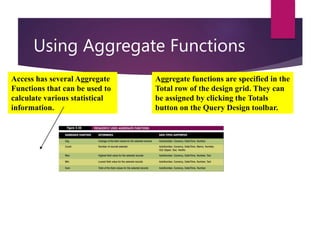 Using Aggregate Functions
Access has several Aggregate
Functions that can be used to
calculate various statistical
information.
Aggregate functions are specified in the
Total row of the design grid. They can
be assigned by clicking the Totals
button on the Query Design toolbar.
 