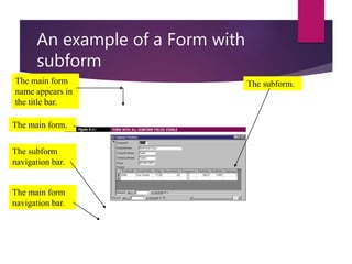An example of a Form with
subform
The main form
name appears in
the title bar.
The main form.
The subform
navigation bar.
The main form
navigation bar.
The subform.
 