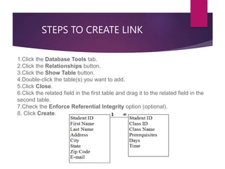 STEPS TO CREATE LINK
1.Click the Database Tools tab.
2.Click the Relationships button.
3.Click the Show Table button.
4.Double-click the table(s) you want to add.
5.Click Close.
6.Click the related field in the first table and drag it to the related field in the
second table.
7.Check the Enforce Referential Integrity option (optional).
8. Click Create.
 